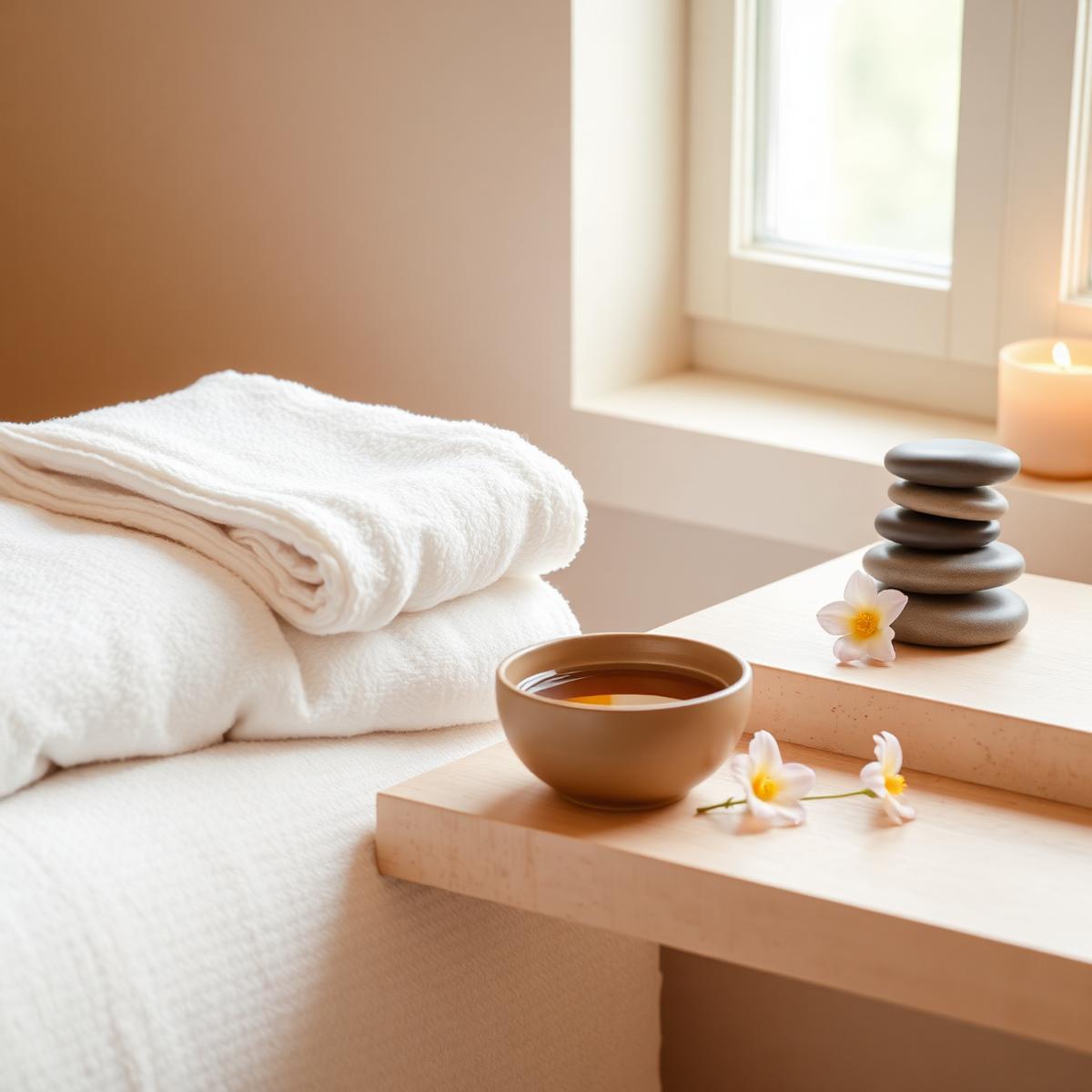 Warm towels, massage oil and stones in a calm treatment corner